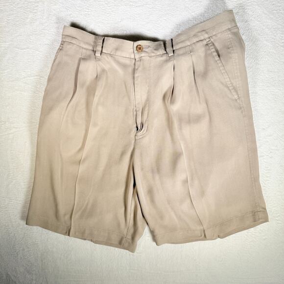 Caribbean Men's Shorts 36 Beige Relaxed Fit Pleated Silk Bermuda Pleated Y2K - Picture 1 of 8